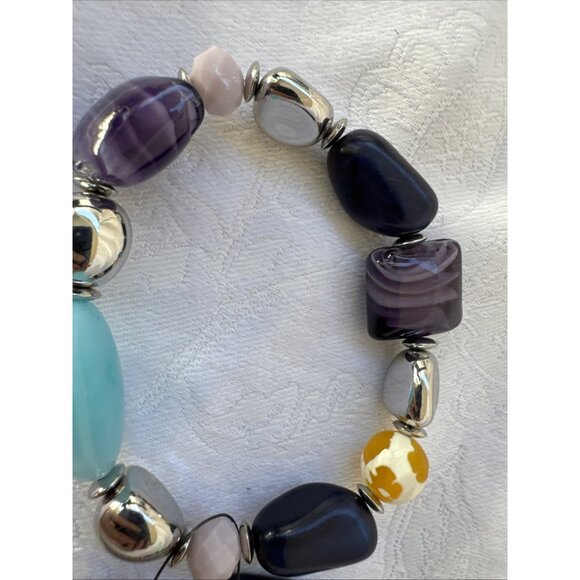Chico's 2 PC Turquoise Blue Purple Silvertone Stretch Stackable Bracelet - NWT - Picture 9 of 16